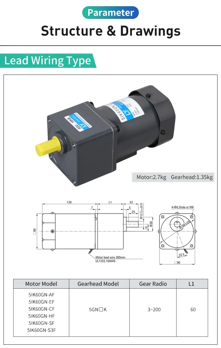 60W AC induction motor parameters