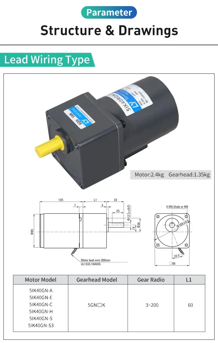 40W AC induction motor parameters