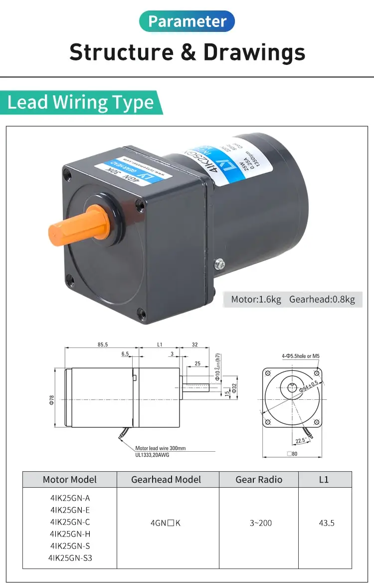 25W AC induction motor parameters