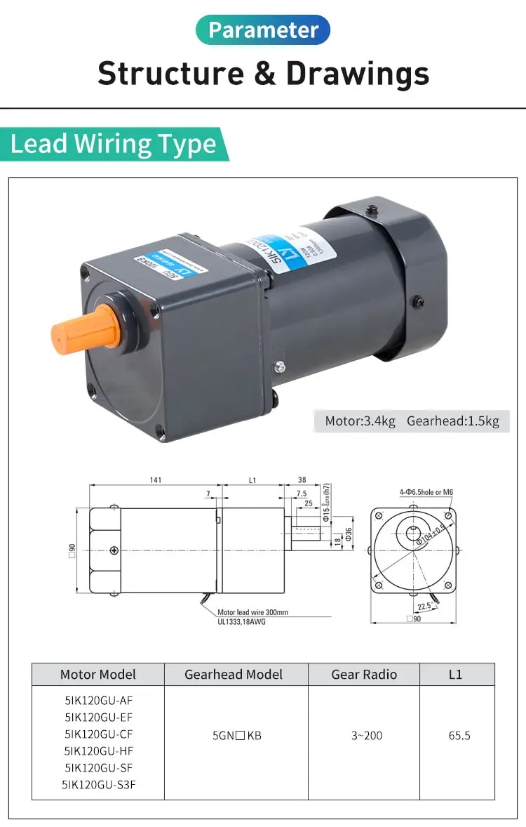 120W AC induction motor parameters