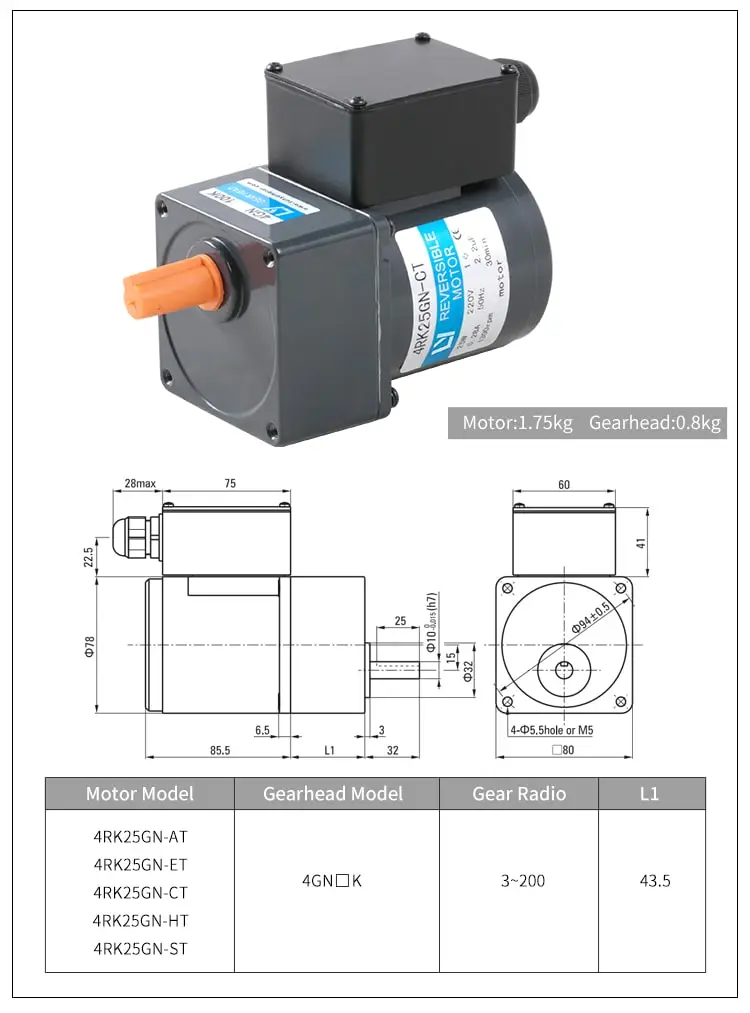 25W AC reversible motor parameters