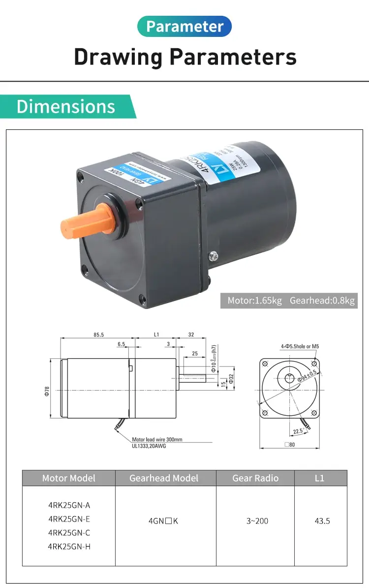 25W AC reversible motor parameters