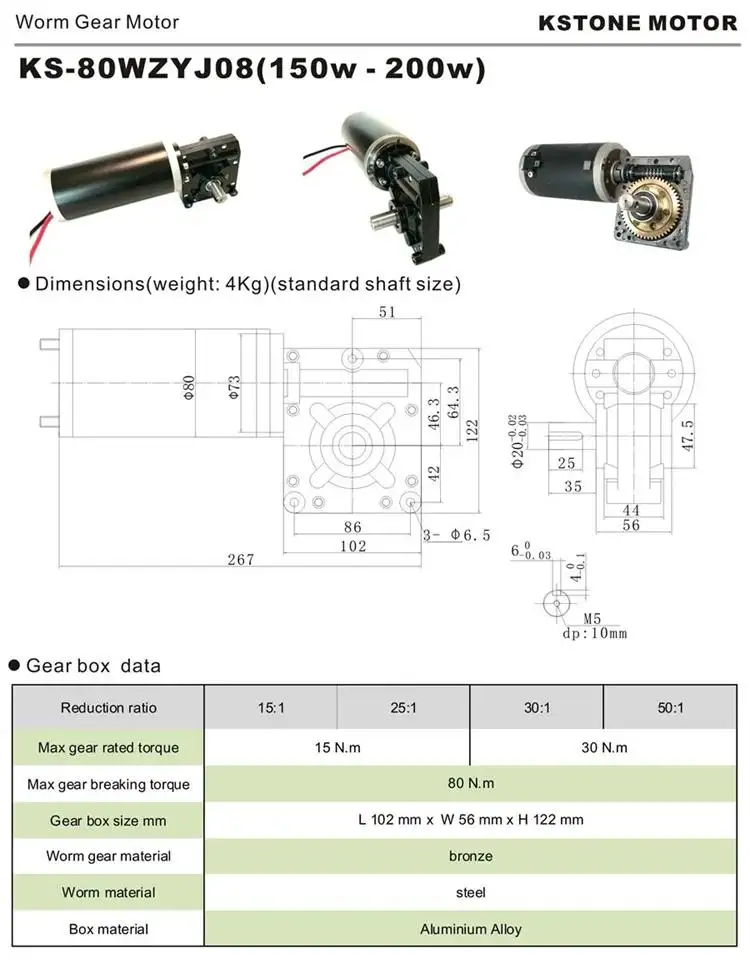 200W 12-24V 60-250RPM DC Worm Gear Motor