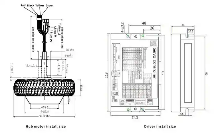 200W 24-48V 4.5-6.5 INCH dc hub motor with servo motor encoder for robot