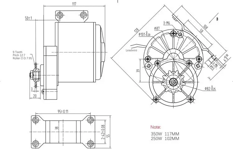 250-350W 36-48V 3000Rpm Permanent Magnet DC Brush Gear Motor