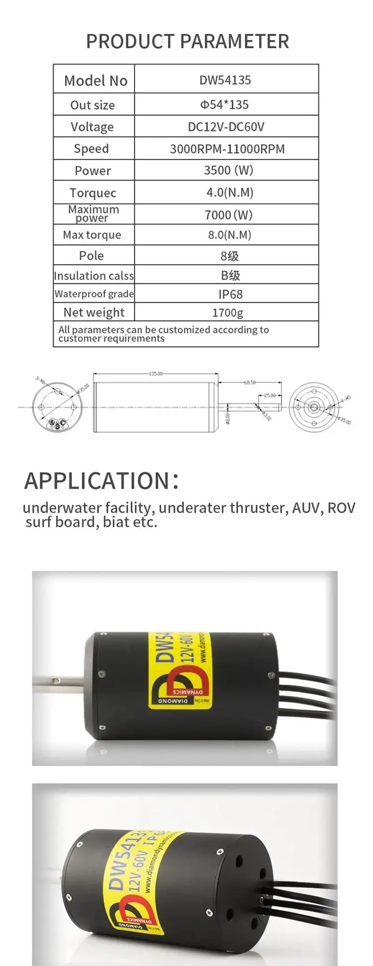 3500W 12-60V 3000RPM Underwater waterproof DC brushless motor