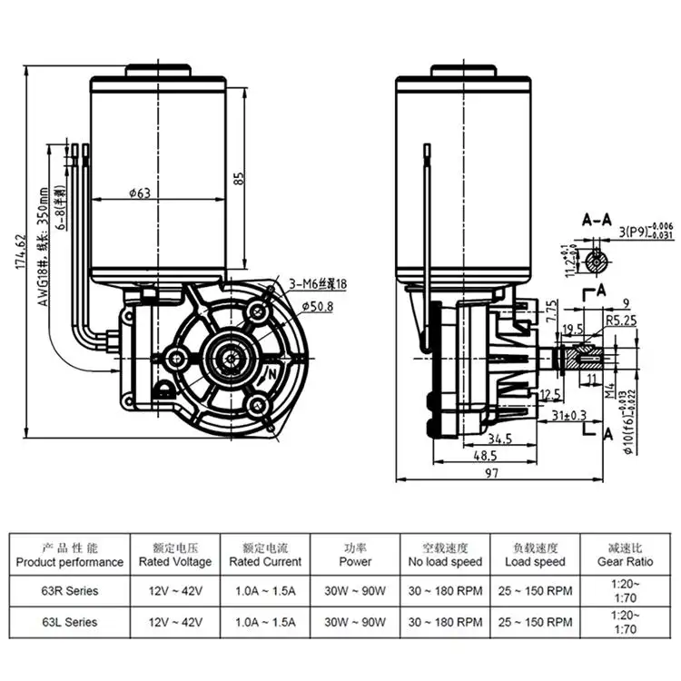 48V 63MM 10-220rpm Planetary Worm Geared Motor