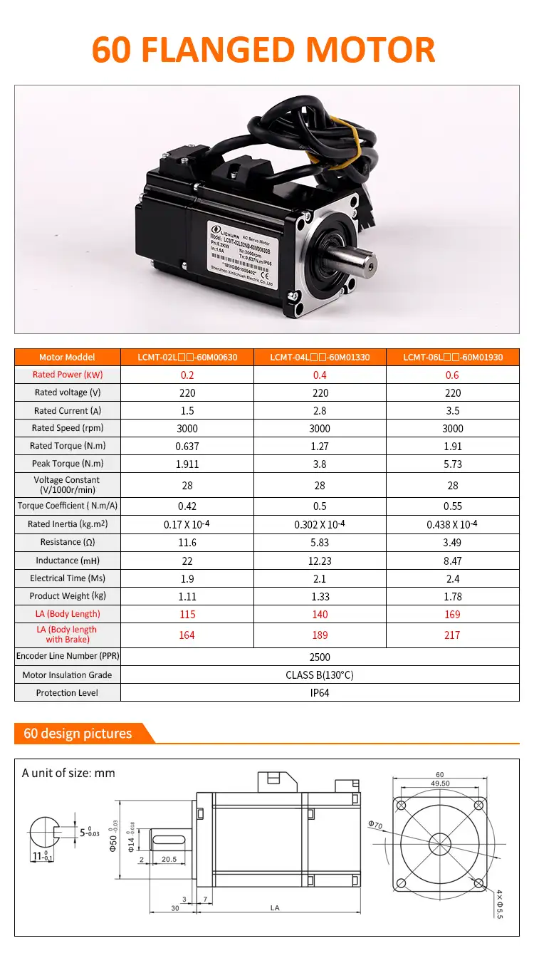 600W 220V 3000rpm single phase AC Servo motor with brake